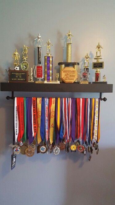 Sports Medal and Trophy Display Medals And Trophies, Trophy Shelf, Teenager Bedroom Boy, Trophy Display, Teenage Boy Room, Sport Bedroom, Award Display, Teen Boy Room, Trophies And Medals