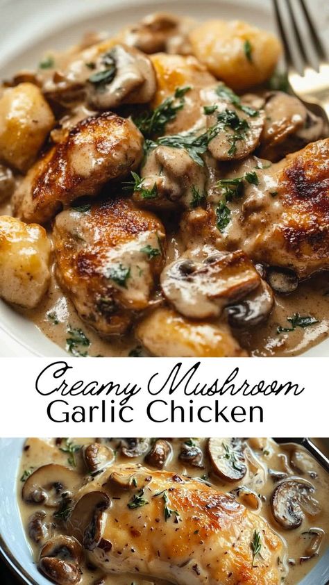 Treat yourself to this creamy mushroom garlic chicken, a fall dinner favorite. With juicy chicken simmered in a rich garlic cream sauce filled with mushrooms, this dish is flavorful and easy to make. Ideal for weeknight meals or a comforting weekend treat, it’s a recipe you’ll return to again and again. Main Dishes With Mushrooms, Cheesy Chicken And Mushrooms, Chicken Mushroom Carrot Recipes, Mushroom Chicken Recipes Easy, Easy Hardy Dinners, Chicken N Mushroom Recipes, Chicken Mushroom Gnocchi Recipes, Healthy Dinner With Mushrooms, Recipes With Fresh Mushrooms