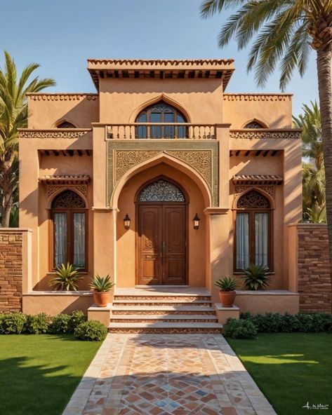 Middle East House Exterior, Arab Style House, Arabic House Design Exterior, Moroccan Architecture Exterior, Arabic Villa Plan, Moroccan House Exterior, Arabic Style House, Islamic Facade, Islamic Architecture House