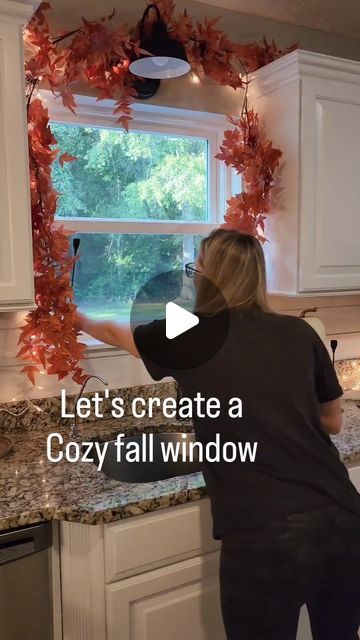 {Fallon} on Instagram: "COZY FALL WINDOW🍂  Follow and comment CRISP for details to send to your inbox or shop link in bio.  I found this garland last year on amazon, and I love it! It's currently in stock, and you can't beat the price, but it won't last long!!   I seriously love how full the garland is, and it's such a beautiful color.  • #amazonhomefinds  #diyfalldecor #falldecoratingideas #fallhomedecor #falldecoration #kitcheninspo #amazonfavorites #cozyhome • Kitchen styling| amazon finds I fall decor| diy fall decor| affordable decor| fall tray I neutral decor| fall decorating ideas I cozy home" Fall Kitchen Window Decor, Window Garland Ideas, Fall Kitchen Window, Window Garland, Kitchen Window Decor, Fall Tray, Fall Windows, Dollar Tree Fall, Garland Ideas