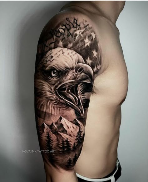 33 Remarkable Eagle Tattoo Ideas - The XO Factor Bald Eagle American Flag Tattoo, Patriotic Half Sleeve Tattoos For Men, American Flag Chest Tattoo, Army Eagle Tattoo, Patriotic Sleeve Tattoo For Women, Eagle And American Flag Tattoo, Eagle Mountain Tattoo, Eagle Sleeve Tattoo Men, Eagle American Flag Tattoo