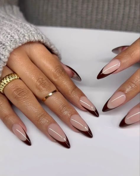 Brown Nail Almond Shape, Long Almond Autumn Nails, Almond Nails Fall Colors Black Women, Dark Brown Tips Nails, Oval Brown French Tip Nails, Medium Almond Nails Designs Fall, Almond Acrylic Nails Fall Colors, Mail Inspo Almond Fall, Almond Burgundy French Tip Nails