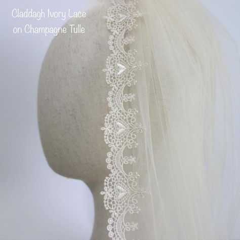 Celtic Claddagh Hearts Ivory Champagne Lace Wedding Veil with Soft English Tulle | Engaging Bridal, Ireland |  www.engagingbridal.ie Irish Lace Veil, Celtic Knot Wedding, Lace Wedding Veil, Veil Length, Short Veil, Wedding Veils Lace, Tulle Veils, Irish Wedding, Vintage Style Wedding