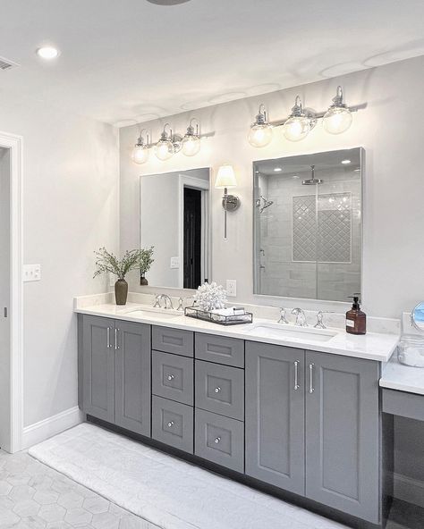 Spring has finally sprung in Massachusetts 🌱 it’s still in the 50’s but we’ll take it! Swipe for the befores of this bathroom renovation - bright whites and grays with an upgraded his and hers sinks, a built-in makeup vanity, and a spacious wall-in shower with 3 showerheads! #bathroomreno #rainfallshower #hisandhersbathroom #allwhitebathroom #vanitygoals #happyspring Built In Makeup Vanity, His And Hers Bathroom, All White Bathroom, His And Hers Sinks, Double Vanities, Design Real Estate, Build Design, Double Vanity Bathroom, Green Hills