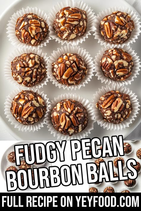 Fudgy Pecan Bourbon Balls - Yeyfood.com: Recipes, cooking tips, and kitchen hacks for home cooks of all levels Pecan Pie Bourbon Balls, Bourbon Cake Balls, No Bake Pecan Pie Bourbon Balls, Bourbon Balls Recipe Easy, Liquor Balls, Alcohol Truffles, Bourbon Pecans Recipe, Bourbon Fudge, Holiday Bites