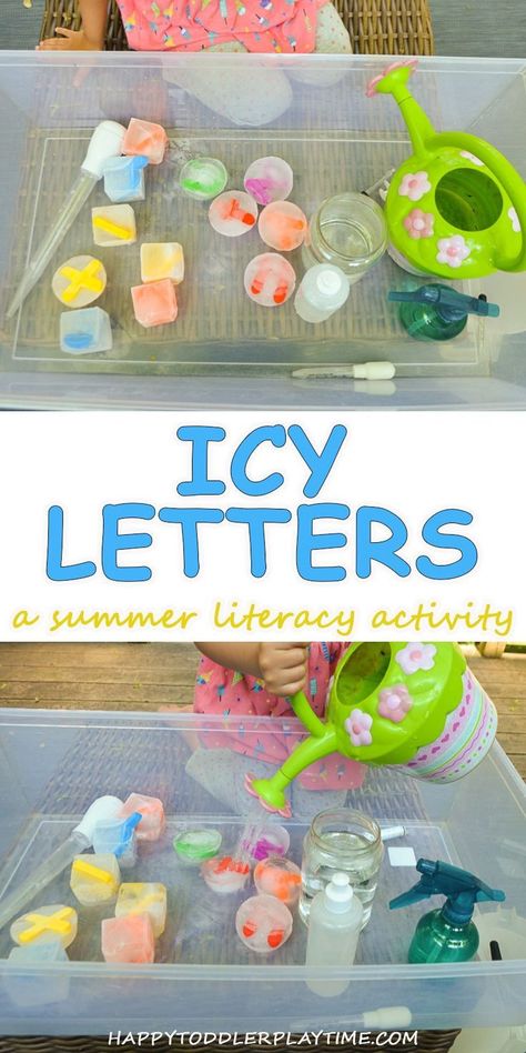 Icy Letters a summer literacy activity for toddlers and preschoolers as they work on learning the letters of the alphabet.  #preschool #alphabet #toddler #kidsactivities Literacy Activity For Toddlers, Summer Literacy Activities, Outdoor Learning Activities, Happy Toddler, Activity For Toddlers, Preschool Alphabet, Summer Preschool, Letter Activities, Sensory Table