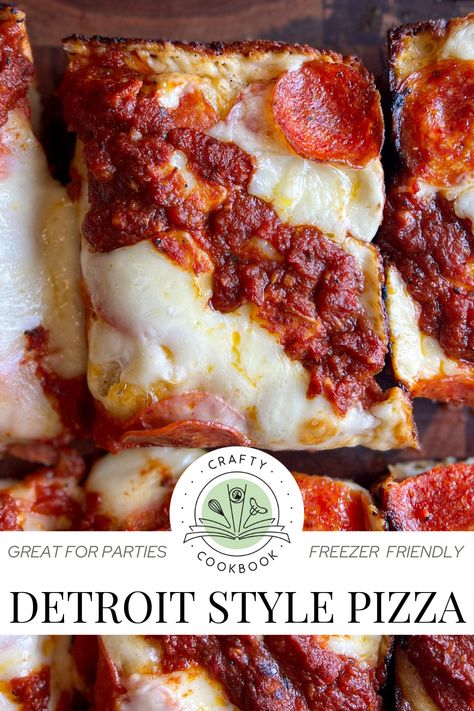 Detroit Style Pizza Detroit Style Deep Dish Pizza Recipe, Cast Iron Detroit Style Pizza, Homemade Detroit Style Pizza, Detroit Pizza Dough Recipe, Jets Pizza Copycat, Detroit Pizza Dough Crust Recipe, Detroit Pizza Dough, Detroit Style Pizza Dough Recipe, Detroit Style Pizza Dough