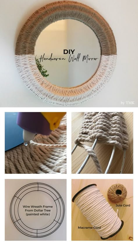 Dollar Tree Pendant Light, Diy Boho Mirror Ideas, Jute Mirror Diy, Diy Boho Rug, Rope Crafts Diy Decor, Rope Wall Decor Diy, Diy Boho Decor Bedroom Projects, Diy Boho Wreath, Boho Mirror Diy