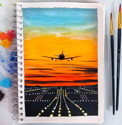 Plane takeoff painting 🧡🧡 Takeoff Painting, Plane Takeoff, Aeroplane Painting, Plane Sunset, Airplane Painting, Postal Card, Simple Painting Ideas, Canvas Art Painting Abstract, Easy Cartoon