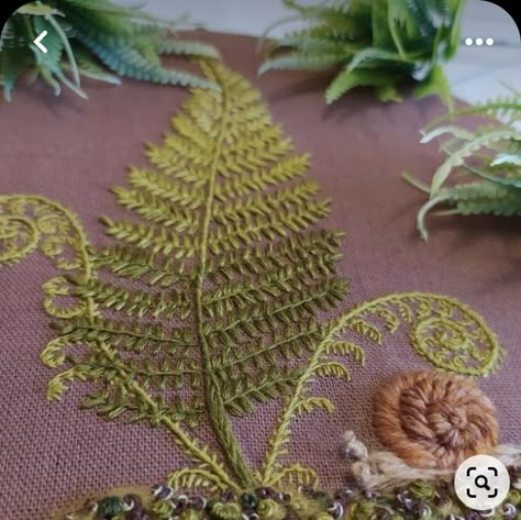 Moss And Lichen Embroidery, Fern Embroidery Pattern, Moss Embroidery Tutorial, Embroidered Fern, Fern Embroidery, 100 Crochet Stitches, Green Embroidery, Embroidered Leaves, Embroidery Tshirt