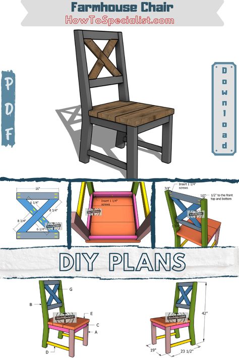 Farmhouse Chair – Free Plans | HowToSpecialist - How to Build, Step by Step DIY Plans How To Make Dining Chairs, Diy Farmhouse Dining Chairs, Diy Farmhouse Chairs, Diy Dining Table Chairs, Plans For Farmhouse Table, Diy Dining Room Chairs, Diy Dining Chairs, Dining Room Table Plans, Kitchen Chairs Diy