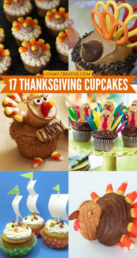 17 Thanksgiving Cupcakes to make for your family and friends - so many ways to make cute turkey cupcakes and other Thanksgiving themed cupcakes!  OHMY-CREATIVE.COM Cute Turkey Cupcakes, Thanksgiving Setting, Turkey Cupcakes, Thanksgiving Baking, Thanksgiving Cupcakes, Thanksgiving Cake, Thanksgiving Cakes, Cute Turkey, Holiday Cupcakes