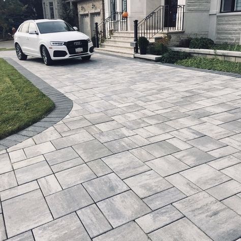 Grey Paver Walkway, White House Driveway Ideas, Brick Paver Driveway Ideas, Driveways With Pavers, Sidewalk Design Ideas, Simple Driveway Ideas, Pavers Driveway Ideas, Drive Ways Ideas Driveways Front Yards, Paved Driveway Ideas