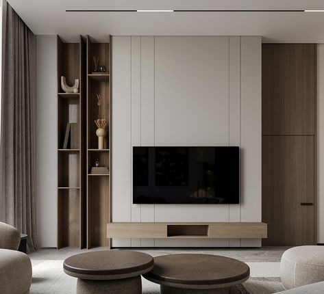 Living Room Japandi Design, Minimal Japandi Living Room, Minimal Design Living Room, Living Tv Wall Design, Living Room Designs Japandi, Japandi Tv Room, Interior Design Tv Wall Modern, Tv Design Wall Modern, Tv Wall Japandi