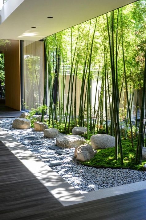 Zen Bamboo Garden, Architectural Garden Design, Zen Garden In House, Japanese Garden Modern, Zen Outdoor Garden, Modern Japanese Inspired Home, Japanese Living Room Ideas Modern, Japanese Garden Courtyard, Zen Home Interior