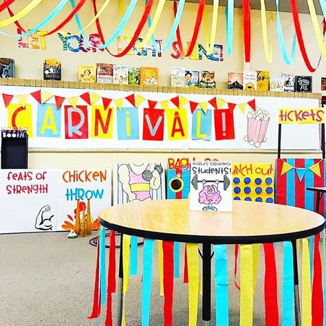 Turn your classroom into a carnival right before testing? Uhm, YES PLEASE! 🎡 This carnival classroom transformation by @cootiesandcuties is… Circus Theme Decorations, Classroom Carnival, Carnival Classroom, Circus Classroom, Carnival Day, School Book Fair, Classroom Transformation Ideas, Carnival Decorations, School Carnival