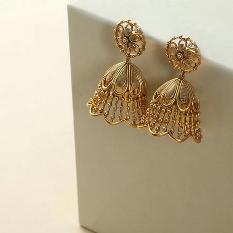 Golden Jhumkas Indian Designers, Gold Jhumka Earrings Indian Latest, Shiv God, Golden Jhumka, Antique Jhumka, Gold Jhumkas, Latest Earrings Design, Gold Jhumka, Gold Jhumka Earrings