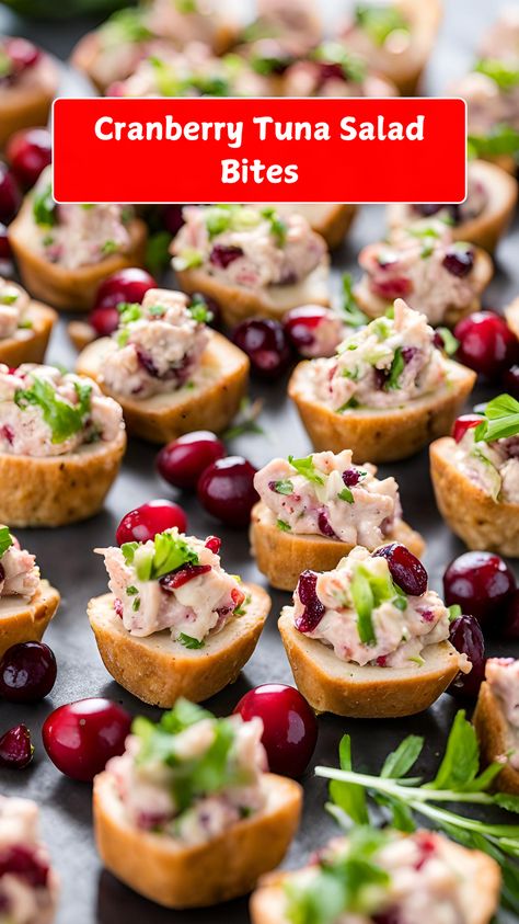 Enjoy a burst of flavor with these delightful Cranberry Tuna Salad Bites! 🐟🍇✨ This refreshing twist on traditional tuna salad combines flaky tuna, sweet cranberries, crunchy celery, and a hint of creamy dressing, all served in bite-sized portions. Perfect for parties, appetizers, or a light lunch, these tasty bites are easy to make and sure to impress your guests.#CranberryTunaSaladBites #AppetizerIdeas #HealthySnacks #TunaSalad #PartyFood Salad Bites, Ultimate Cookies, Creamy Dressing, Family Friendly Dinners, Recipes Chocolate, Light Lunch, Cookies Recipes, Tasty Bites, Tuna Salad