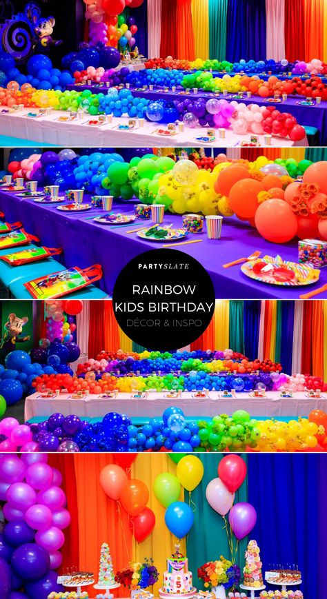 This rainbow kids birthday party was a whirlwind of bright colors, from rainbow wall draping to cascading rainbow balloon arrangements along brightly colored tables. Rainbow Bright Party, Colorful Party Ideas, Colorful Birthday Party Decorations, Wall Draping, Colorful Dinner, Rainbow Ruby, Rainbow Themed Birthday Party, Rainbow Party Decorations, Trolls Birthday Party