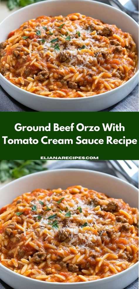 Need a simple yet delicious dinner idea? This Ground Beef Orzo With Tomato Cream Sauce is an easy one-pot dish that brings warmth and satisfaction to the table, ideal for family gatherings. Beef Orzo, Creamy Ground Beef, Ground Recipes, Cream Sauce Recipe, Tomato Cream Sauce, Orzo Recipes, Cream Sauce Recipes, Creamy Tomato Sauce, Beef Casserole Recipes