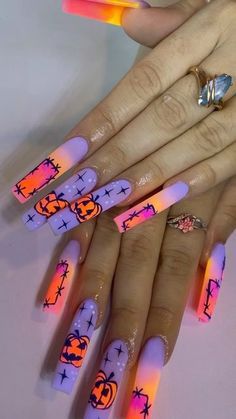 Best Halloween Nail Designs, Halloween Nail Ideas 2023, Halloween Nails Extra, Glow In The Dark Halloween Nails, Bright Halloween Nails, Colorful Halloween Nails, Crazy Halloween Nails, Powder Nails Designs, Neon Halloween Nails