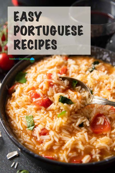 Take your pick from this mix of easy Portuguese recipes from different regions of the country.  Every dish in the list will tease your taste buds with the flavor of traditional Portuguese cooking! Portuguese Side Dishes, Portuguese Recipes Traditional, Easy Portuguese Recipes, Portuguese Rice, Tomato Rice, Portuguese Cuisine, Mexican Spanish, Portuguese Recipes, European Food