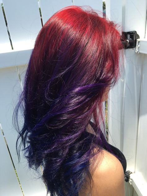 Red Into Purple Hair, Red Purple Blue Ombre Hair, Hair Color Red And Purple, Burgundy Blue Hair, Deep Red And Purple Hair, Red Blue Hair Color, Purple Red Hair Color Ombre, Red And Blue Balayage Hair, Brown To Vivid Ombre