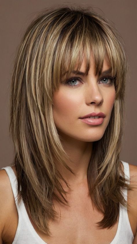 Chic medium length hairstyles with bangs and layers Hairstyle Women Medium Length, Layered Hair With Full Bangs, Medium Hair Square Face, Short Layers For Long Hair, Hairstyles For Medium Length Hair With Bangs Over 50 Women, Bangstyle Hair Long Layers, Medium Hair With Layers And Bangs, Medium Hair Length With Bangs, Medium Layered Shag With Fringe