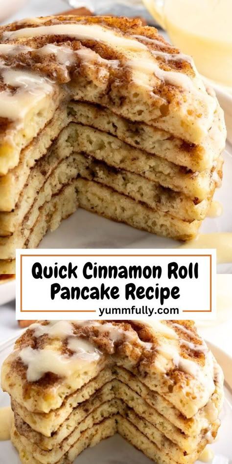 Glam up your pancakes with this Cinnamon Roll Pancake recipe. Made with simple, everyday ingredients, a unique cinnamon swirl, and a creamy glaze, these will be your family’s newest obsession, guaranteed! Easy Cinnamon Roll Pancakes, Cinnoman Roll Pancake Recipe, Marry Me Pancakes, Cinnamon Toast Pancakes, Cinnamon Pancakes Easy, Pancake Add In Ideas, Scrambled Pancakes Recipe, Simple Breakfast Recipes Easy, Desert Pancakes