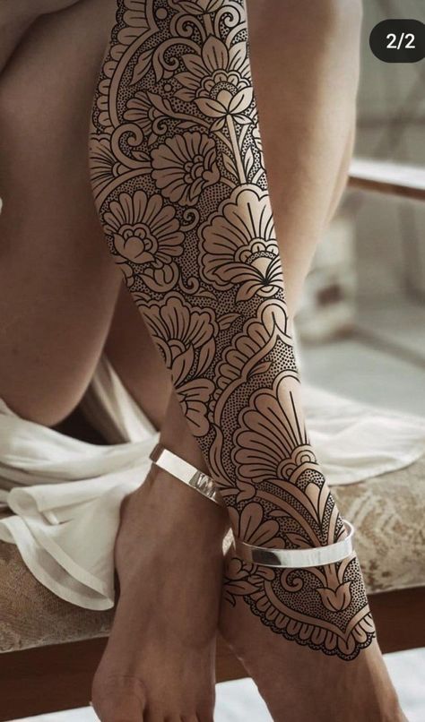 Leg Tattoos Mandala Women, Ornamental Tattoo Leg Sleeve, Mandela Leg Tattoos Women, Big Floral Tattoo Design, Ornamental Shin Tattoos For Women, Shin Tattoos For Women Mandala, Mandala Leg Sleeve Women, Symmetrical Shin Tattoo, Tattoo Calf Woman