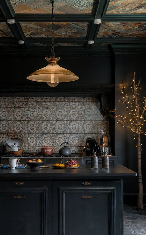 12 Incredible Kitchens With Tall Ceilings – Rhythm of the Home Tin Ceiling Tiles Kitchen, Incredible Kitchens, Kitchen Ceiling Ideas, Moody Victorian, Moody Kitchen, Patterned Tile Backsplash, Patterned Tile, Tin Ceiling Tiles, Kitchen Ceiling