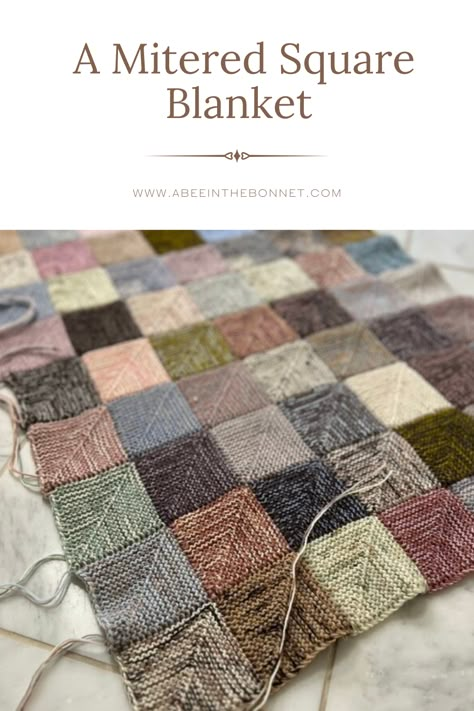 Scrappy Blanket Knitting, Scrap Yarn Knitting Blanket, Mitred Squares Knitting, Mitered Square Knitting, Square Knitting Patterns, Mitre Square Blanket Knitted, Knit Mitered Square Blanket, Knitted Mitred Square Blanket, Knit Patchwork Blanket