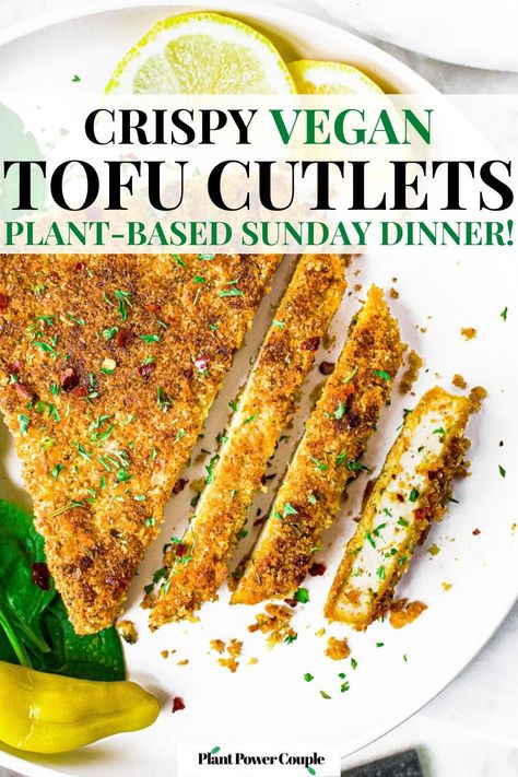 Overhead shot of a partially sliced breaded tofu cutlet on a plate with fresh spinach leaves and lemon wedges. Cutlet is sprinkled with fresh herbs and crushed red pepper flakes. Text reads: crispy vegan tofu cutlets, plant-based Sunday dinner! Frozen Tofu, Tofu Cutlets, Plant Based Chicken, Firm Tofu Recipes, Chicken Substitute, Breaded Tofu, Tofu Chicken, Breaded Chicken Cutlets, Chicken Cutlet