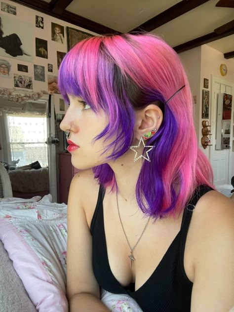 Unique Short Hair Color, Purple Hair Pink Bangs, Pink Hair With Purple Underneath, Pink And Purple Dyed Hair, Multi Color Hair Dye Techniques For Short Hair, Teal And Magenta Hair, Pink And Purple Hair With Bangs, Funky Hair Colours For Short Hair, Fun Bright Hair Color Ideas