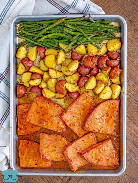 Ham Steak Sheet Pan Meal - The Country Cook Sheet Pan Ham Steak, Sheet Pan Dinners Ham, Dinners With Ham Steak, Ham Sheet Pan Dinner, Ham Green Beans And Potatoes Sheet Pan, Ham Steaks Sheet Pan Dinner, Sheet Pan Ham, Ham Meal Prep, Easy Ham Steak Dinner Ideas