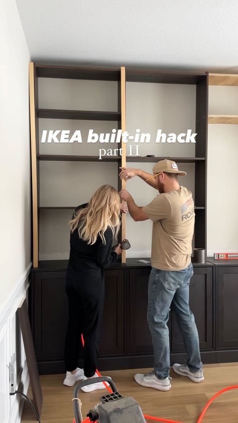 Ikea built-in hack Pt 2🔨 In case you missed it, we used IKEA Havsta cabinets for lowers and (cut) Billie bookcases for uppers. We added … | Instagram Ikea Havsta, Ikea Bookshelf Hack, Built In Wall Shelves, Wood Lattice, Billy Ikea, Ikea Built In, Billy Bookcase Hack, Ikea Office, Ikea Bookcase