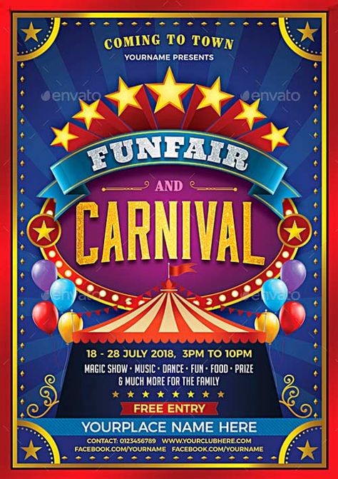 Funfair & Carnival Flyer Funfair Flyer Design, Carnival Banner Design, Carnival Theme Poster, Carnival Pubmat, Carnival Poster Design Graphics, Carnival Graphic Design, Carnival Poster Design, Circus Flyer, Carnaval Design