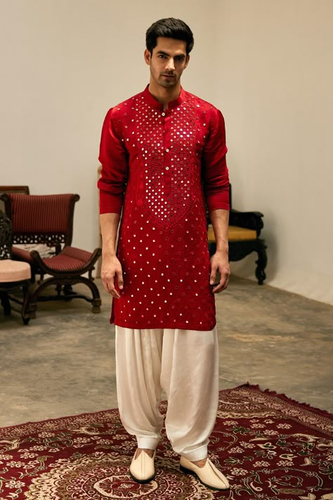 Buy Red Linen Cotton Silk Embroidery Mirror Zaid Kurta And Salwar Set For Men by Ankit V Kapoor Online at Aza Fashions. Sufi Night Outfit For Men, Red Kurta Men, Red Kurta For Men, Sangeet Outfit For Men, Wedding Clothes For Men, Indian Wedding Clothes For Men, Mens Indian Wear, Indian Wedding Clothes, Wedding Kurta For Men