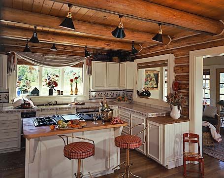 Cabin Light Fixtures, Log Cabin Lighting, Log Home Kitchen, Log Home Kitchens, Track Lighting Kitchen, Log Cabin Interior, Cabin Lighting, Cabin Interiors, Cabin Kitchens