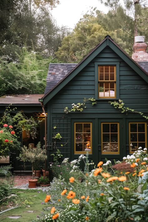 Small Farmhouse Exterior Colors, Small Cottage Home Exterior, Dark Green Cottage Exterior, Dream House Cottage Interiors, Small Cottage Exterior Paint Colors, Modern Home Color Exterior, Painting Outside Of The House, My Dream Home Exterior, Unique House Colors Exterior