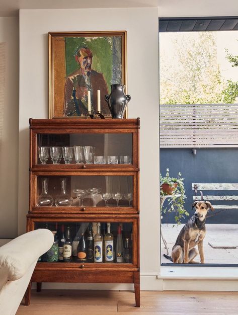 Dresser As Kitchen Storage, Laini Ozark Room, Mixed Woods In Dining Room, 1920s Style Home, Vintage Style Apartment Decor, China Cabinet Ikea, Light And Airy Basement, Vintage Modern Interior Design, Antique Interiors