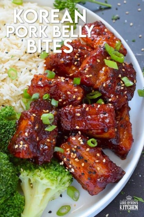 These bite-sized morsels of pork are so quick and easy to prepare! In less than 60 minutes, you can have these delicious Korean Pork Belly Bites on your dinner plate! Prepared with fresh garlic and ginger, and garnished with sliced green onions, expect an explosion of flavour here! #korean #gochujang #porkbelly #pork #oven #asian #sauce Simple Pork Belly Recipe, Easy Asian Pork Belly Recipes, Sliced Pork Belly Recipes Korean Bbq, Breakfast Pork Belly, Caramelized Pork Belly, Cabbage And Pork Belly, Sweet And Spicy Pork Belly, Korean Bbq Pork Tacos, Pork Belly Slices Recipes Easy