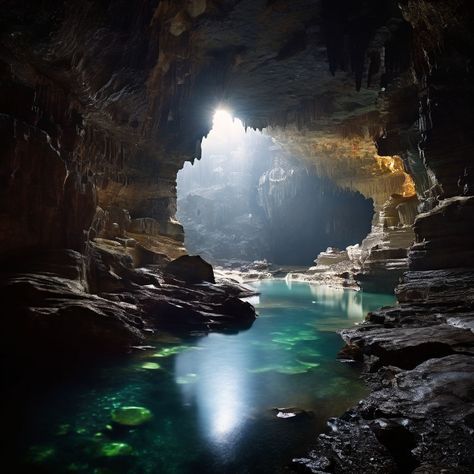 A deep, dark cavern with a flowing underground river, its waters reflecting shimmering crystals embedded in the cave walls visit us to see more: https://playground.com/profile/clq0l2d5t0meus601uf8hgc1x Water Cave Aesthetic, Hades Cabin, Fantasy Medieval Art, Story Mood Board, Underground River, Star Wars Planets, River Flowing, Mystical Places, Crystal Cave