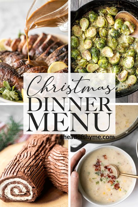 The best Christmas recipes and menu for the season is here, including everything from appetizers, the main course, side dishes, soup and salad, bread, dessert and festive drinks. I even share some recipes for all those Christmas dinner leftovers. | aheadofthyme.com #christmas #christmasrecipes #christmasmenu #christmasdinner #christmasdinnerrecipes #holidayrecipes #christmasfood via @aheadofthyme Easy Christmas Dinner Menu, Traditional Christmas Dinner Menu, Christmas Dinner Menu Ideas, Christmas Dinner Recipes Easy, Elegant Christmas Dinner, Christmas Party Menu, Traditional Christmas Dinner, Easy Christmas Dinner, Dinner Menu Ideas