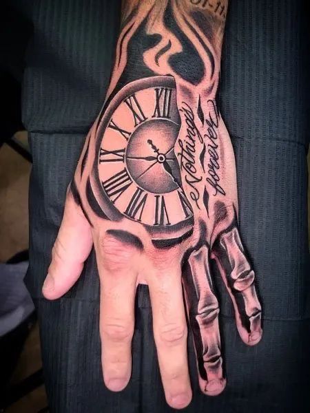 Navy Hand Tattoos, Skeleton Clock Tattoo, Skull Hand Tattoos For Guys Men, Man’s Hand Tattoo, Skelton And Hand Tattoo, Half Skeleton Hand Tattoo, Rare Tattoos Men Hand, Clock Tattoo On Hand, Hand Tattoo Designs Men Unique