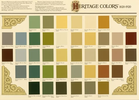 Sherwin Williams "Heritage Colors" 1820-1920. 40 historic 19th C. hues that capture the grace and elegance of another era. Historic Paint Colours, Color Palette For Home, Victorian House Colors, Victorian Colors, Nouveau Wedding, Pintura Exterior, Craftsman Bungalow, Exterior Paint Colors For House, Craftsman Home