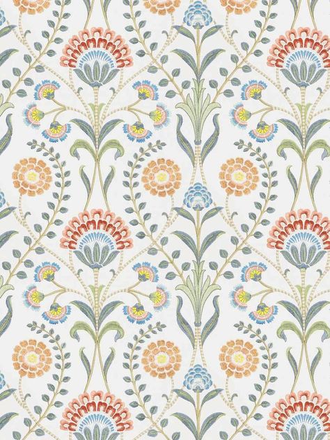 Kendall's continued love of French classic design is a signature for her style and taste. The classic floral embroidery has a French Art Nouveau look indicative of "The Beautiful Era" or Belle Epoque from Europe's Golden Age. Available to the interior design trade through www.fabricut.com. Colorful Floral Pattern, Printed Fabric Texture, Islamic Manuscripts, Fabric For Curtains, Surface Pattern Design Inspiration, French Pattern, French Art Nouveau, Floral Upholstery, Print Design Art