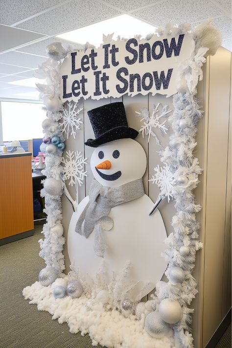 A cheerful snowman is a delightful addition to your cubicle Christmas decorations. Imagine building a foam snowman with a cozy scarf and festive hat right on your cubicle wall—it’s fun and full of personality. What accessories would you add to make it stand out even more? Christmas Decorations For Work Cubicle, Winter Themed Office Decorations, Let It Snow Cubicle Decorations, Call Center Christmas Decorations, Office Snowman Decorations, Winter Decor Classroom, Snowman Office Decorations, Desk Decorating Ideas Work Christmas, New Years Office Decor