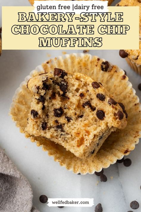 A gluten free chocolate chip muffin with a bite taken out. Gf Chocolate Chip Muffins, Small Batch Muffins, Easy Chocolate Chip Muffins, Muffins Bakery Style, Bakery Style Chocolate Chip Muffins, Gluten Free Chocolate Chip Muffins, Moist Chocolate Chip Muffins, Muffins Chocolate Chip, Vegan Bakes