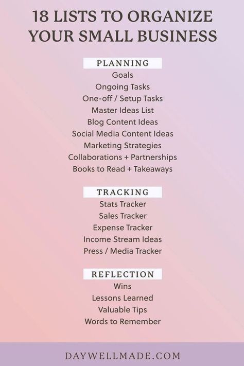 Ready to get organized in your small business this year? I've curated a collection of 18 lists you MUST start using to keep your business organized and have your most profitable year yet! Check out details on these and more small business advice over at daywellmade.com! How To Manage A Small Business, Small Business Daily To Do List, Small Business Journal Ideas, Small Business To Do List, Small Business Goals Ideas, Storage Unit Business Ideas, Small Business Daily Schedule, Tarot Business Plan, Small Business Stock Organization